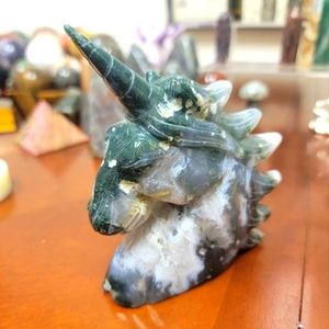 Moss Agate Unicorn Head Carving